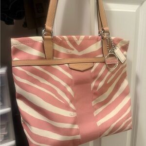 Coach Pink and Cream Zebra Striped Tote Purse Bag